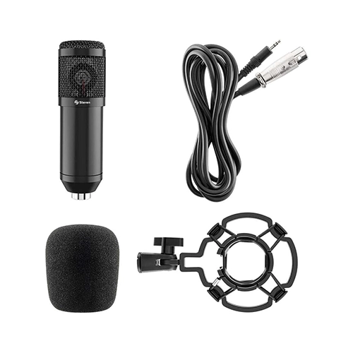 MICRÓFONO PROFESIONAL STEREN CONDENSADOR CON FILTRO Y SUSPENSIÓN COLOR NEGRO - Artículos Promocionales MAS RECIO